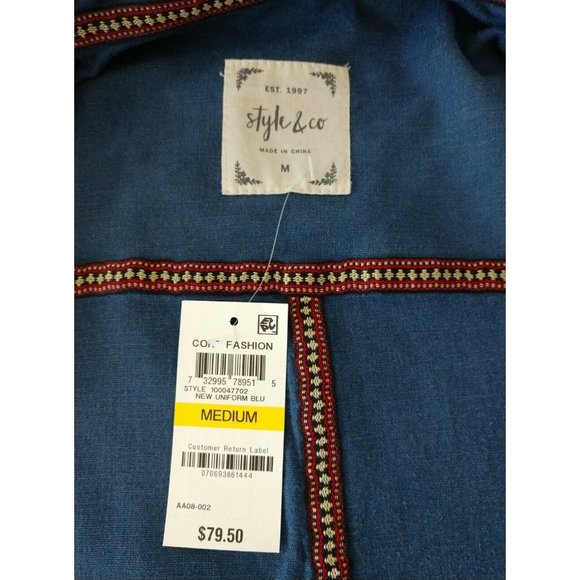 NWT Style & Co Women's M Blue Linen Blend Jacket Top Zip-Up Roll Tab Long Sleeve - Picture 6 of 8